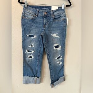 Maurices Jeans Womens 0 Blue Low Rise Cropped Stretch Distressed Denim Capri